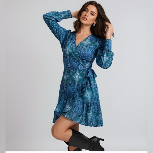 Boho Floral Print Knot Side Ruffle Hem Wrap Dress - Picture 3 of 9